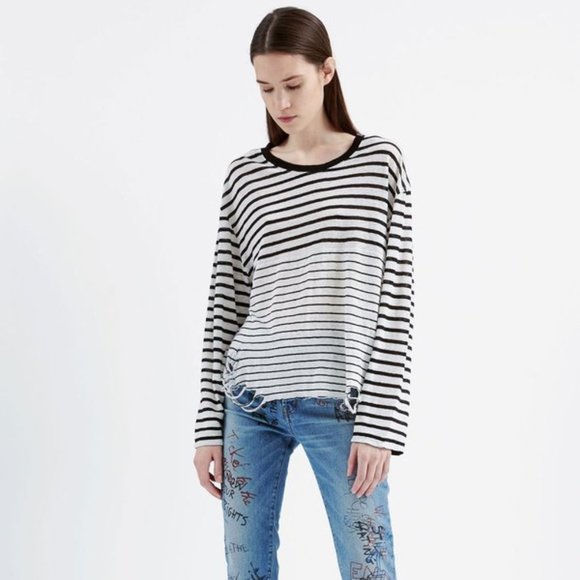 IRO Tops - Iro Jeans Coyak Mix Stripe Distressed Tee Long Sleeve White Black (S)